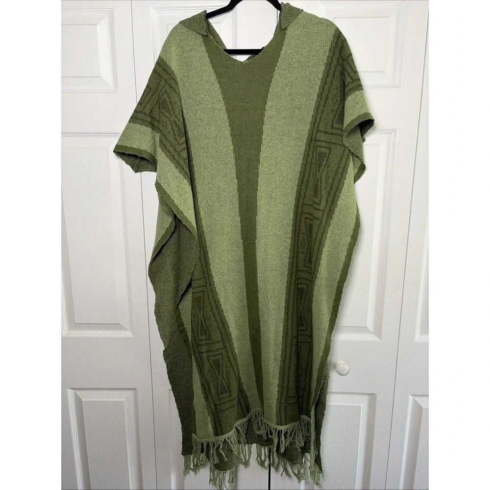 Arvil Hill Hooded Poncho Cloak Mens Size M Green Striped Geometric Knit Festival